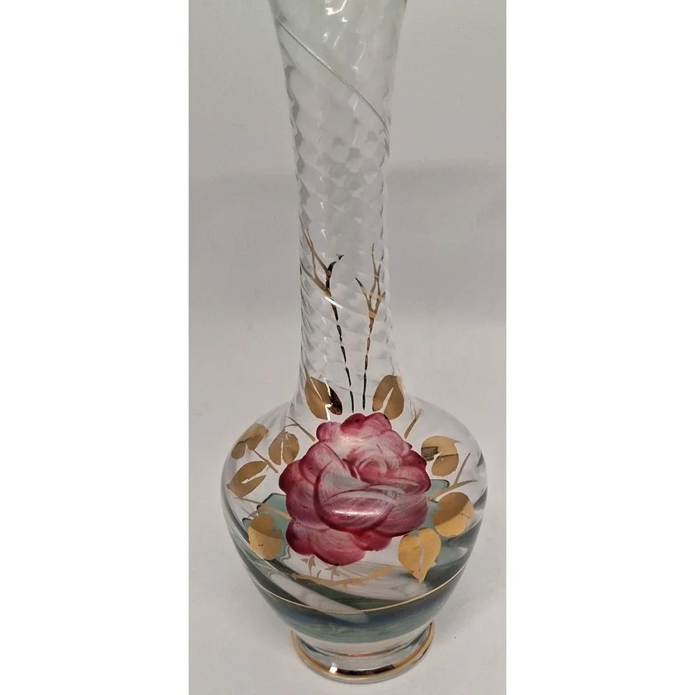 Vintage Bohemian Glass Vase with Enamel Rose Decoration and Gold Accents